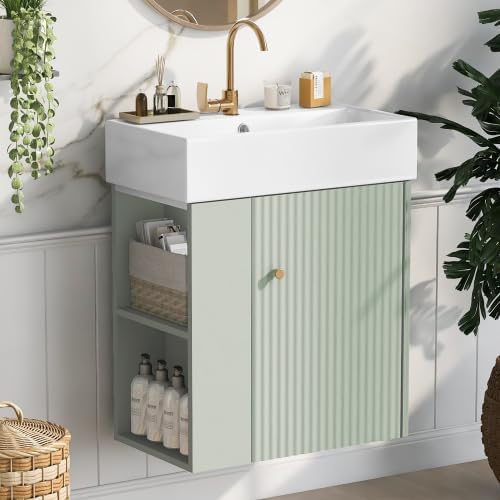 Virubi 21.6 in Floating Bathroom Vanity with Sink,Soft Closing Doors,Solid Wood Frame & MDF Modern Single Small Green Bathroom Vanity Cabinet with Open Shelf,Wall Mounted