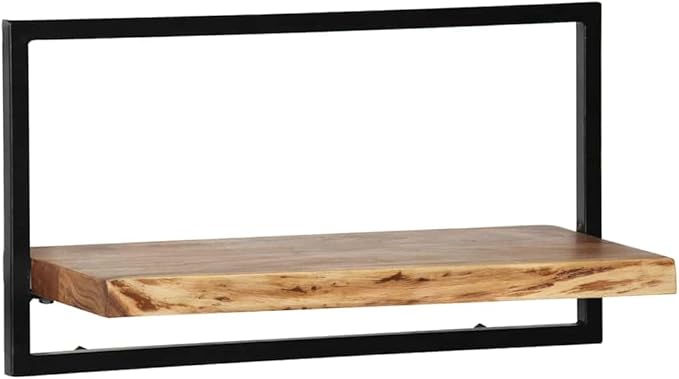 5-Piece Wall Shelf Set, Solid Acacia Wood Floating Shelves with Industrial Metal Brackets, Rustic Wall Mounted Storage Shelves for Living Room, Kitchen, and Office, Brown