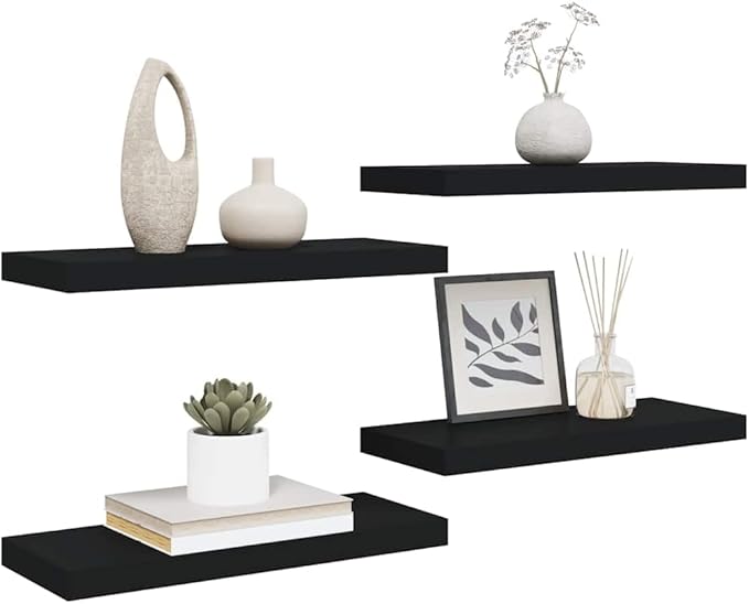 Set of 4 Floating Wall Shelves, Modern Rectangular MDF Shelving Units for Bedroom, Living Room, and Office Storage, Matte Black, 23.6-Inch