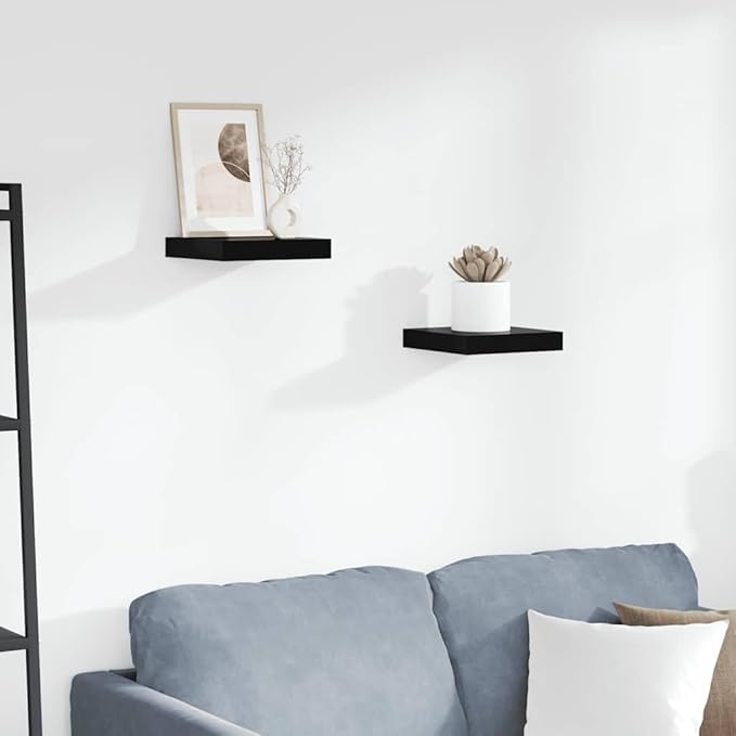 Floating Wall Shelves 2 Pack, High Gloss Black Modern Display for Living Room & Office, 9.1x9.3x1.5 Inch Invisible Mounting Shelves for Decor, Books, Awards, Durable MDF and Metal Frame