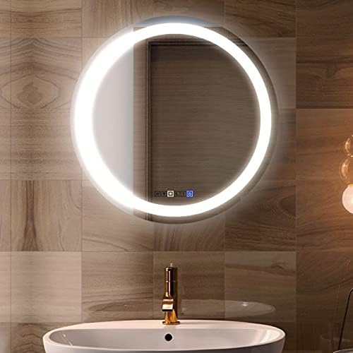 28 Inch Round LED Bathroom Mirror with 3 Color Modes, Touch Dimmer, Anti-Fog - Wall Mount Lighted Vanity Mirror for Makeup, Dressing Room - Fab Glass and Mirror