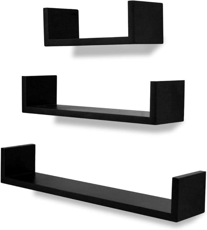 Floating Wall Shelves Set of 3, Modern U-Shape Display Ledges for Living Room, Bedroom & Office, Durable Matte Black MDF Wall-Mounted Storage Shelves