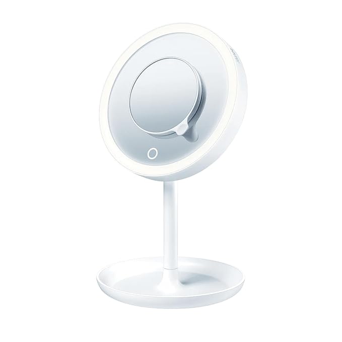 Beurer Illuminated 5X Vanity and Cosmetics Mirror, Touch Sensor Surface, Storage Tray, with Portable, Magnetic Magnifying Makeup Mirror, White LED Light and Dimmer, Cordless, 360° Rotation, BS45