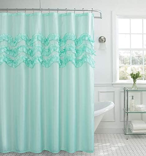 BH Home & Linen Beverly Hills Ruffle Premium Quality Fabric Shower Curtain 70" x 72 Made with 100% Polyester. (Wavy Aqua)