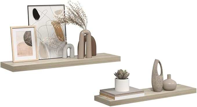 Set of 2 Floating Wall Shelves, Oak Finish Wood Wall Mounted Shelving Unit for Bedroom, Living Room, and Office, Decorative Display Ledge for Books and Photos, 35.4 Inches