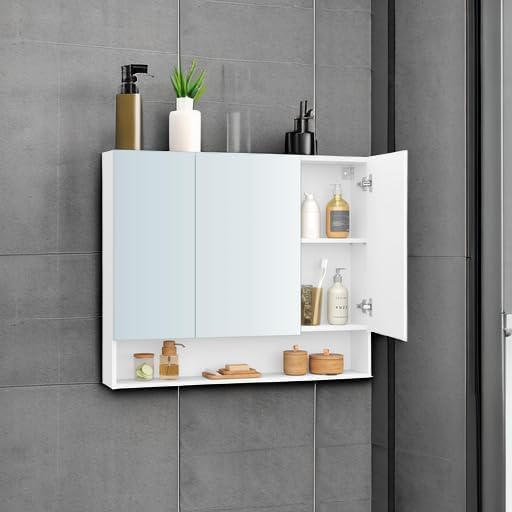 VASAGLE KAILYN Collection - Medicine Cabinet Mirror, Bathroom Wall Mirror Cabinet with Storage, Open Compartment, Adjustable Shelves, 6.5 x 35.4 x 29.5 Inches, Cloud White UBBK130W01