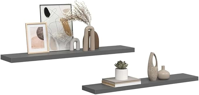 Set of 2 Floating Wall Shelves, 47.2 Inch Modern High Gloss Grey MDF Display Ledge for Bedroom, Living Room and Office Decor, Heavy Duty Storage Shelves