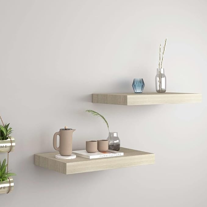 Floating Wall Shelves 2 Pack Oak Wood Display Rack with Invisible Mounting System for Living Room Bedroom Office Decor 15.7x9.1 Inches