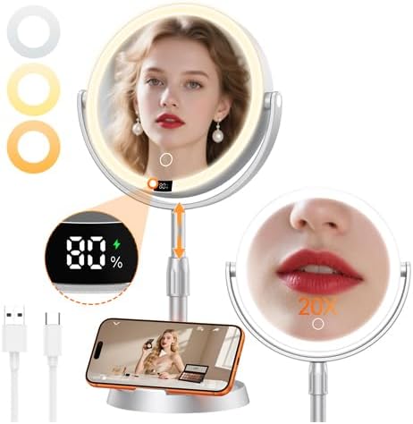 Gospire Plastic Frame 8" Lighted Makeup Mirror with Lights and Magnification, 20X Magnifying Mirror with Light for Makeup Desk, Height Adjustable and Digital Display, Shaving Mirror for Bathroom