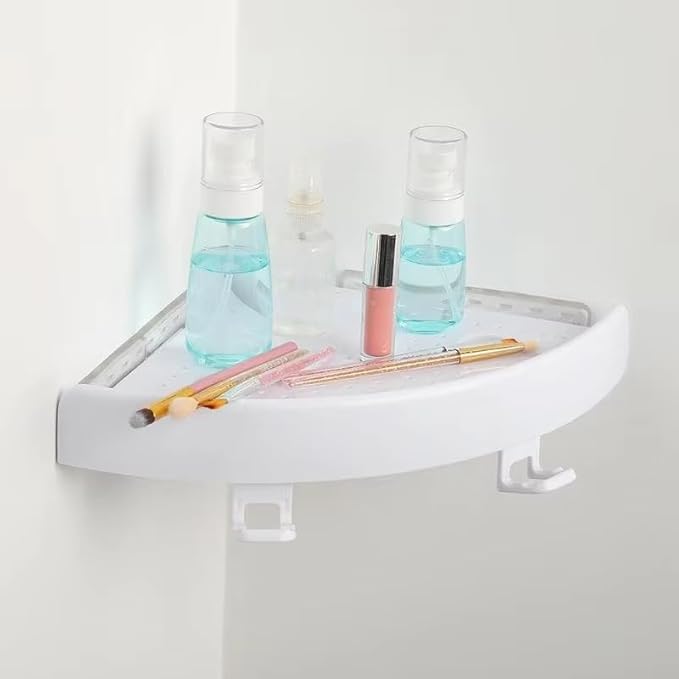 Bathroom Wall Corner Shelf Organizer, Kitchen Corner Storage Rack Non-Marking Shelf with Hooks, Easy to Install (White)
