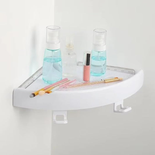Bathroom Wall Corner Shelf Organizer, Kitchen Corner Storage Rack Non-Marking Shelf with Hooks, Easy to Install (White)