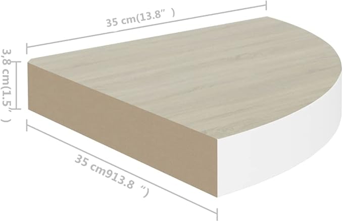 Floating Corner Shelf Wall Mounted 13.8"x13.8"x1.5" Oak & White Honeycomb MDF Metal Frame Decorative Storage Shelves for Bathroom Living Room Bedroom