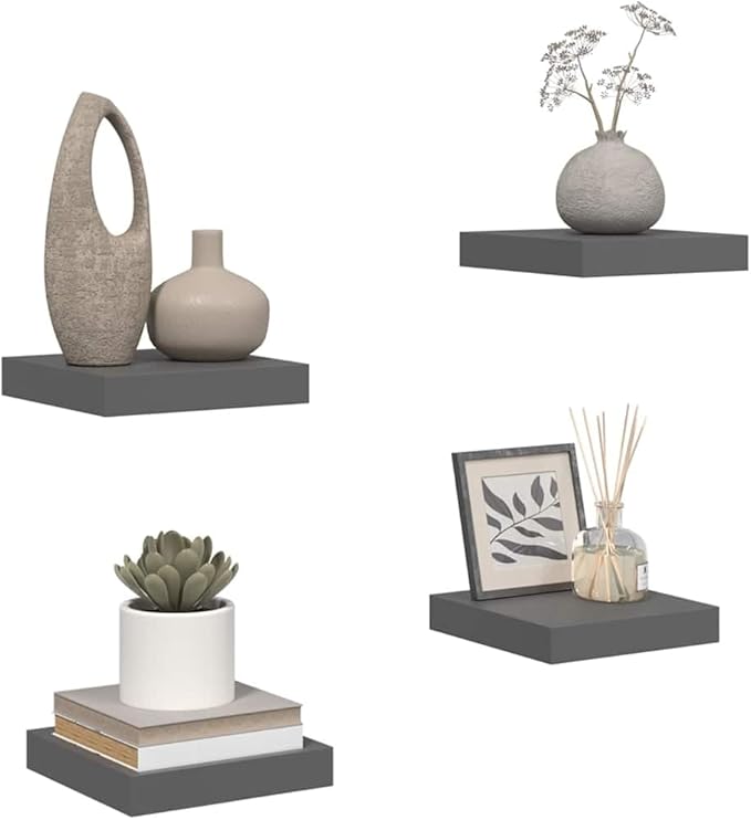 Floating Wall Shelves Set of 4, Modern High Gloss Gray Display for Living Room Bedroom, Invisible Mounting, 9.1x9.3x1.5 Inch MDF Shelves for Decor, Books, Collectibles, Easy Installation