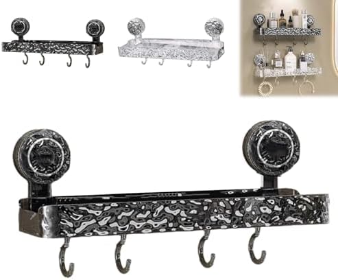 Wall-Mounted Suction Cup Bathroom Shelf, No Drill Acrylic Storage Rack with 4 Hooks, Light Luxury Glacier Pattern, Corrugated Clear Holder for Easy Organization