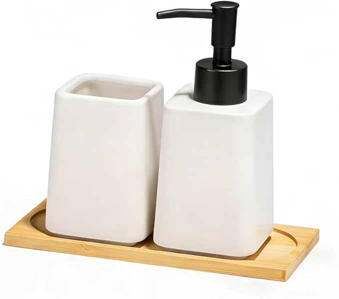 White Bathroom Accessories Set,Ceramic Soap Dispenser and Toothbrush Holder with Tray,Modern Decor Bath Set with Toothbrush Cup