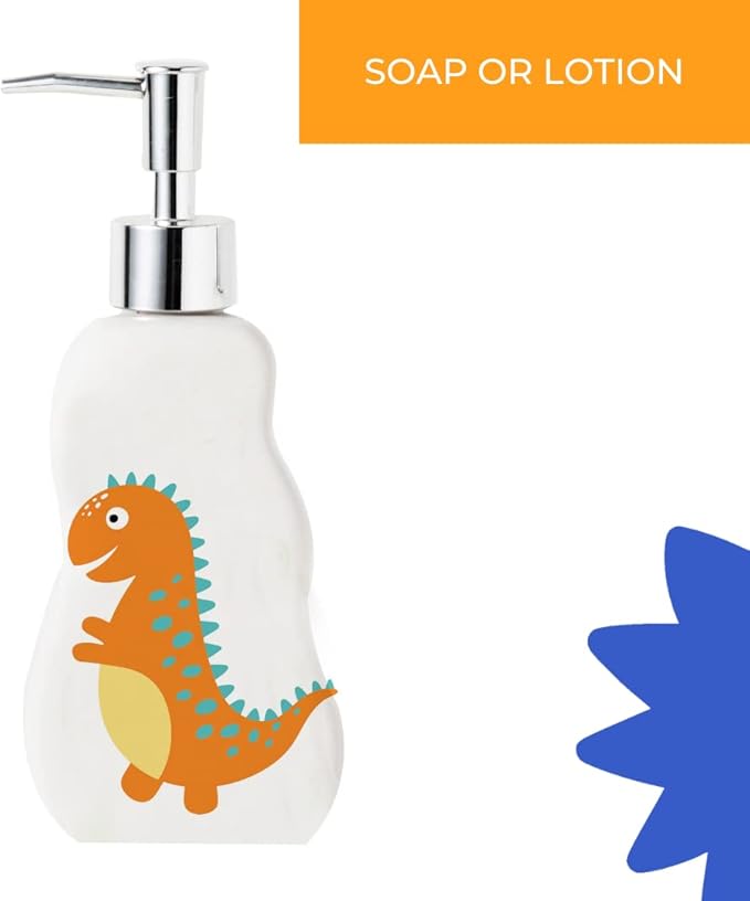 Kids Dinosaur Bathroom Set – 3-Piece Fun Bathroom Accessories for Kids, Including Toothbrush Holder, Soap Dispenser, and Cup – Adorable Dinosaur Décor for a Playful Bathroom.