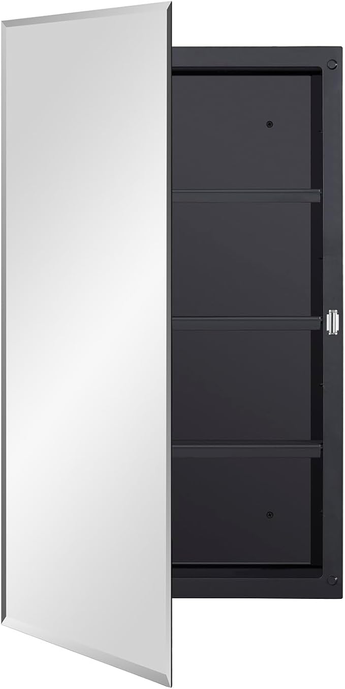 IDYLLOR Black Plastic Medicine Mirror Cabinet for Bathroom with 18 x 28 inch Beveled Edge Mirror, Recessed and Surface Mount