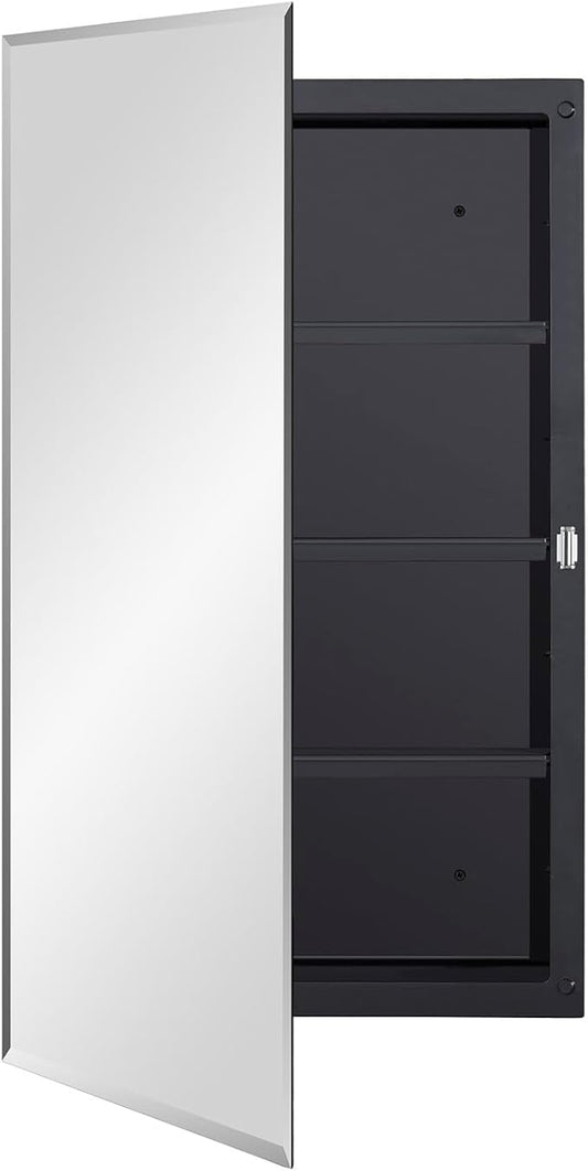 IDYLLOR Black Plastic Medicine Mirror Cabinet for Bathroom with 18 x 28 inch Beveled Edge Mirror, Recessed and Surface Mount