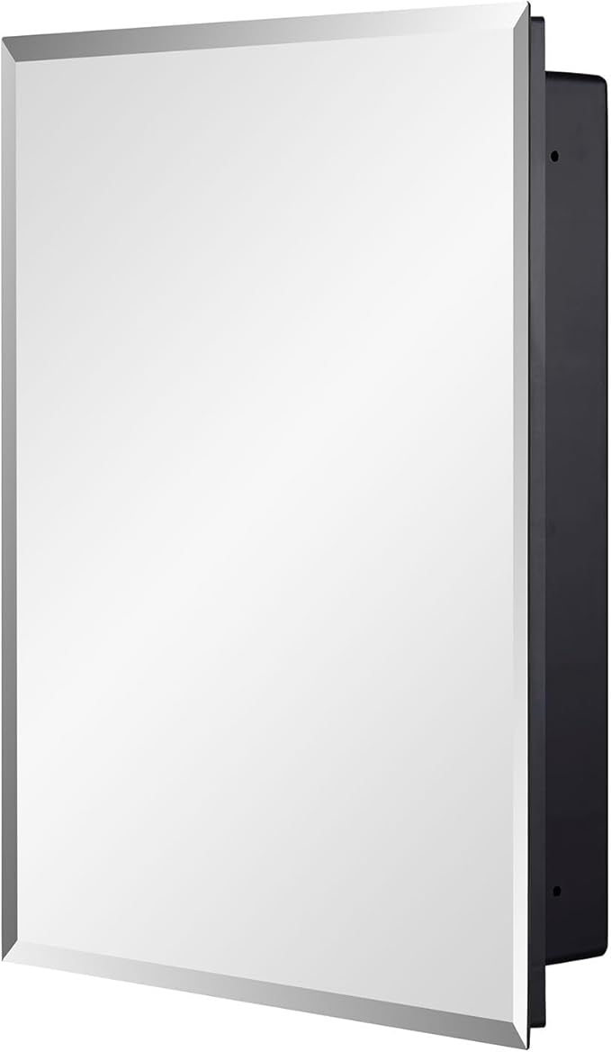 IDYLLOR Black Plastic Bathroom Medicine Mirror Cabinet Beveled Edge, 16 x 20 inch, Surface and Recessed Mount