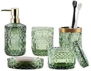 LaMarriti Green Bathroom Accessories Set, 5Pcs Clear Glass Bathroom Set Accessories, Soap Dispenser, Soap Dish, Toothbrush Holder Set, Tumbler, Qtips Holder for Vintage Crystal Bath Decor