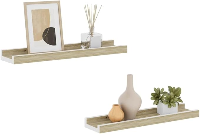 Wall Shelf Set of 2, Floating Shelves for Wall Storage, Modern White and Sonoma Oak MDF Decorative Display Shelves for Living Room Bedroom, 15.7 inch