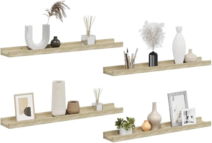 Set of 4 Floating Wall Shelves, 23.6 Inch Sonoma Oak MDF Modern Wall-Mounted Storage Ledge for Bedroom, Living Room, Kitchen Organization, Rectangular Display Rack