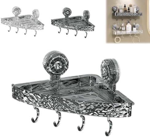 Wall-Mounted Suction Cup Bathroom Shelf, No Drill Acrylic Storage Rack with 4 Hooks, Corrugated Light Luxury Glacier Pattern Holder, Clear Suction Cup Organizer