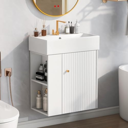 Virubi 21.6 in Floating Bathroom Vanity with Sink,Soft Closing Doors,Solid Wood Frame & MDF Modern Single Small White Bathroom Vanity Cabinet with Open Shelf,Wall Mounted