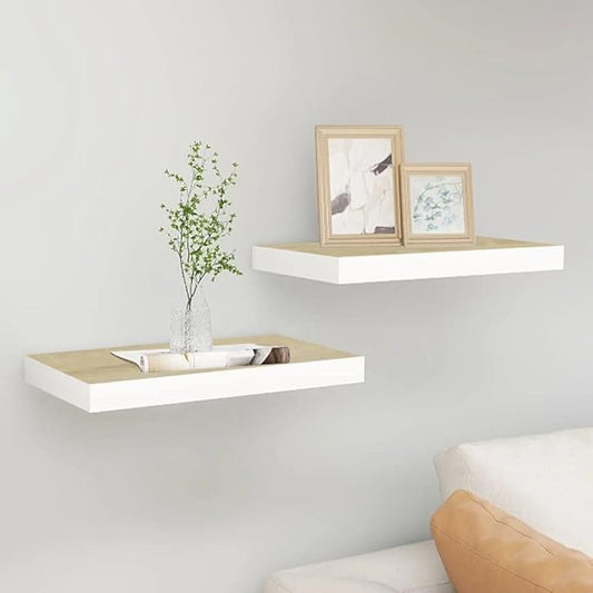 Floating Wall Shelves 2 Pack Oak White 15.7x9.1 Inches Modern Invisible Mount Display Rack for Living Room Bedroom Office Decor Books Awards Collectibles
