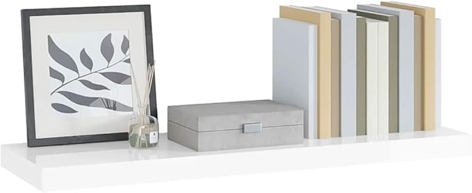 Floating Wall Shelf, Modern High Gloss White MDF Display Ledge, 35.4-inch Rectangular Storage Shelving for Living Room, Bedroom, and Office Decor