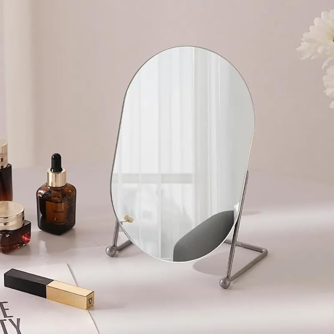 Vanity Desk Table Mirror with Stand Makeup Mirrors for Desk, Adjustable Rotation Vintage Oval Tabletop Silver Make Up Bathroom Mirror for Women