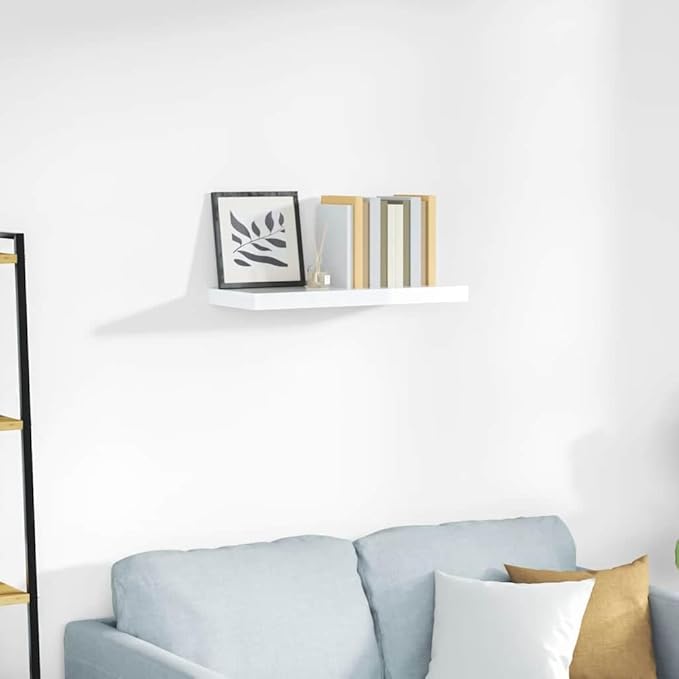 Floating Wall Shelf, Modern High Gloss White MDF Display Ledge, 23.6-Inch Rectangular Storage Rack for Bedroom, Living Room, and Office Decor