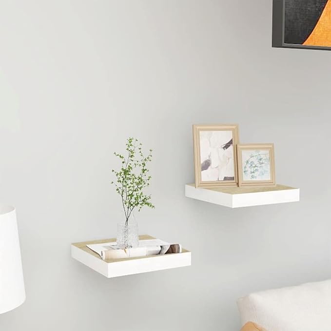 Floating Wall Shelves 2 Pack Oak White Modern Display Rack for Living Room Bedroom Office, Invisible Mounting, 11lb Capacity, 9.1x9.3x1.5 Inch Honeycomb MDF Metal Frame Shelving Unit