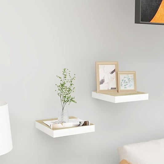 Floating Wall Shelves 2 Pack Oak White Modern Display Rack for Living Room Bedroom Office, Invisible Mounting, 11lb Capacity, 9.1x9.3x1.5 Inch Honeycomb MDF Metal Frame Shelving Unit