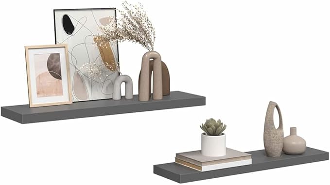 Floating Wall Shelves Set of 2, Modern High Gloss Gray Display Shelves 35.4 Inch, Invisible Mounting for Living Room Bedroom, Heavy Duty MDF Board for Books Decor Plants Photos Awards, Easy Install