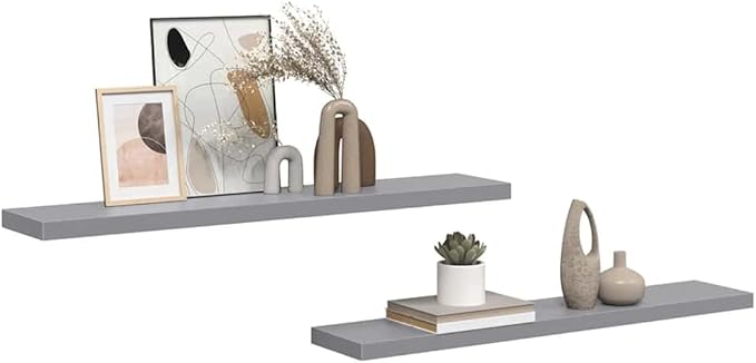 Set of 2 Floating Wall Shelves 47.2 Inch, Modern Long Grey Display Ledge for Bedroom Living Room Office, Wall Mounted Storage MDF Shelf