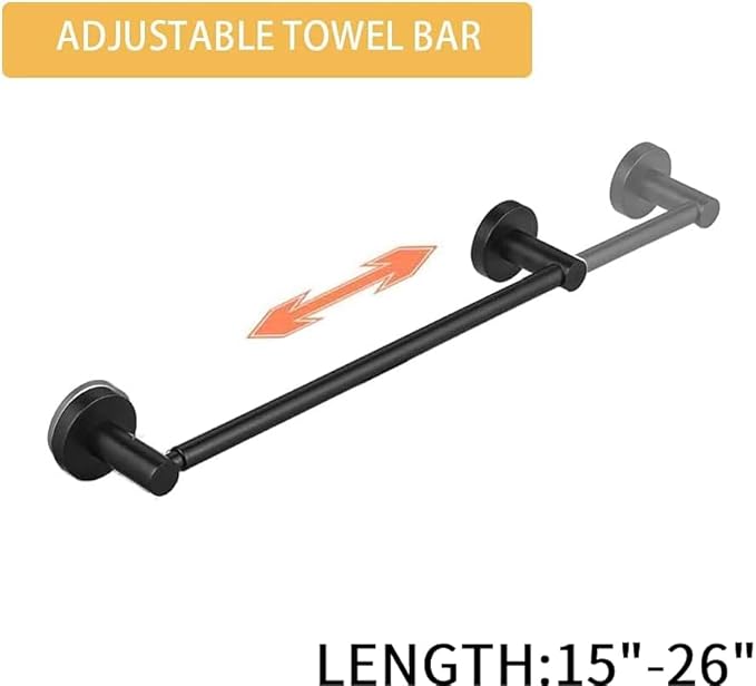 BESy Adjustable 15 to 26 Inch Single Bath Towel Bar Rack for Bathroom Accessories SUS304 Stainless Steel Towel Holder, Wall Mount with Screws Hand Towel Bar Rod Hotel Style, Matte Black