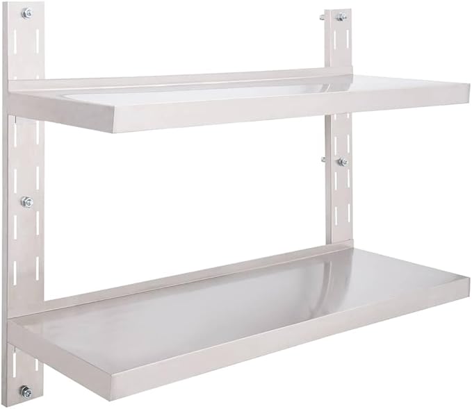 2-Tier Stainless Steel Floating Wall Shelf, 39.4x11.8 Inch Heavy Duty Storage Rack for Kitchen and Bathroom, Adjustable Height Metal Organizer