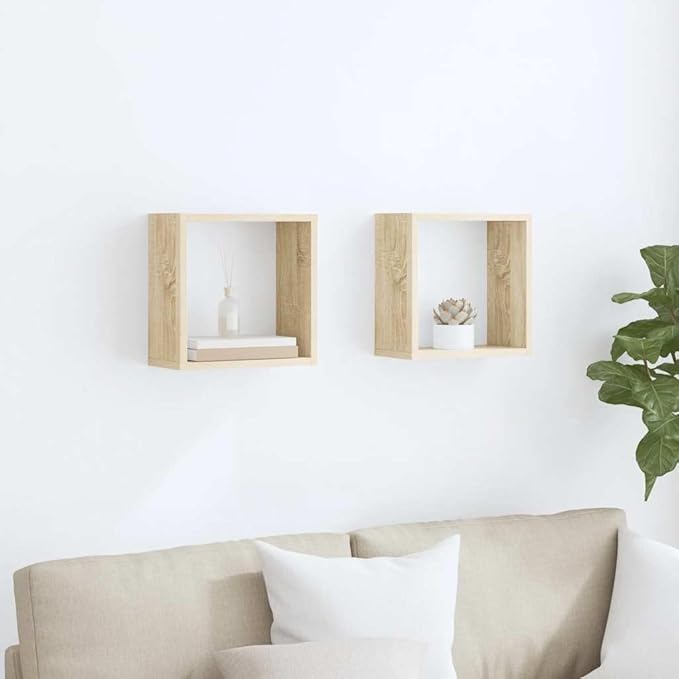 Set of 2 Floating Cube Shelves, Wall Mounted Sonoma Oak Display Shelving for Living Room, Bedroom Decor, 11.8 x 11.8 Inch Square Storage Organizers