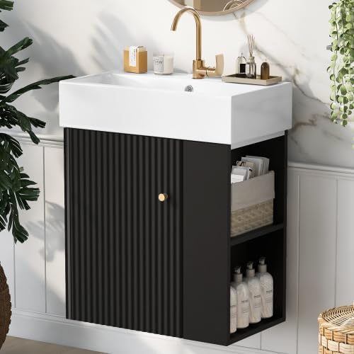Virubi 21.6 in Floating Bathroom Vanity with Sink,Soft Closing Doors,Solid Wood Frame & MDF Modern Single Small Black Bathroom Vanity Cabinet with Open Shelf,Wall Mounted