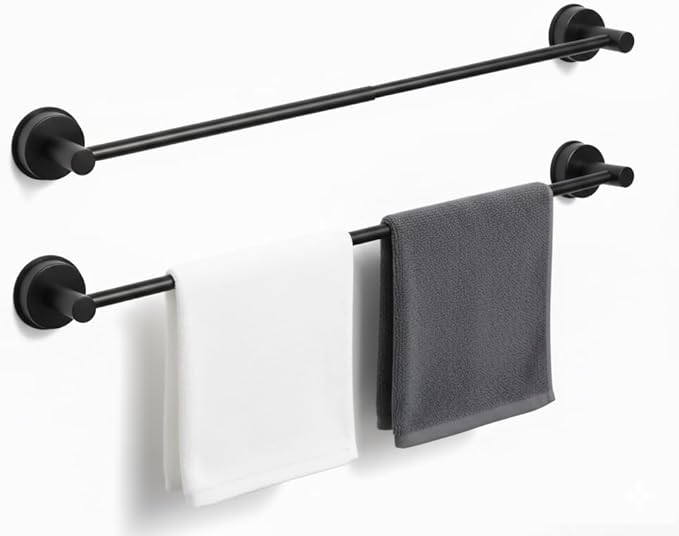 Suction Cup Towel Bar 17-28 Inch Adjustable Retractable Stainless Steel Towel Rack for Bathroom, RV & Renters - No Drill Heavy Duty Wall Mounted Holder, Removable for Glass & Tile (2, Black)