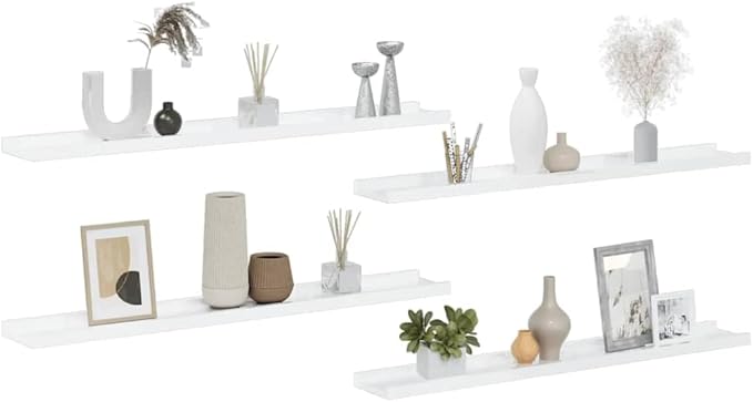 Set of 4 Floating Wall Shelves, 31.5 Inch Modern High Gloss White MDF Decorative Ledge Shelves for Bedroom, Living Room, and Home Office Organization