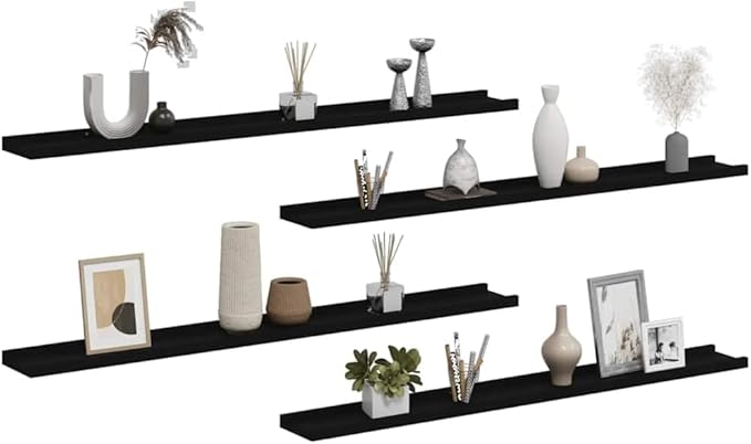 Wall Shelves Set of 4, 39.4 Inch Floating Shelves for Wall Storage, Modern MDF Black Display Ledges for Bedroom, Living Room, Kitchen Organization