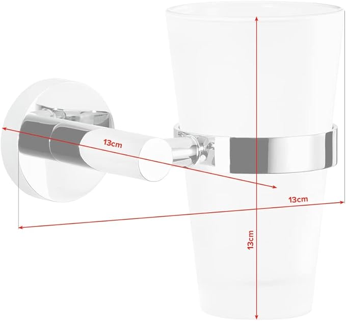 tesa EXXCELLENT Toothbrush Holder - Self-Adhesive, Stainless-Steel Tooth Brush Holder with Frosted Glass Cup - Waterproof, incl. Power.Kit Adhesive Solution - 125mm x 130mm x 105mm