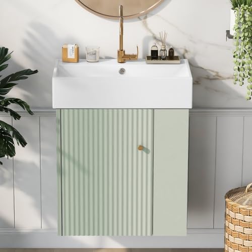 Virubi 21.6 in Floating Bathroom Vanity with Sink,Soft Closing Doors,Solid Wood Frame & MDF Modern Single Small Green Bathroom Vanity Cabinet with Open Shelf,Wall Mounted