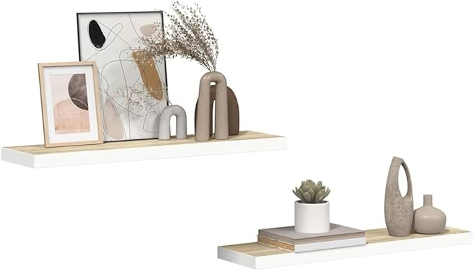 Floating Wall Shelves Set of 2, Invisible Mounting Modern Display Shelves for Living Room Bedroom, 31.5 Inch Oak and White MDF Board with Metal Frame, Holds 22lb Each for Decor Books Plants