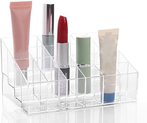 Makeup Organizer Jewelry and Cosmetic Storage, Clear 24 Cells Lipsticks Holder Display Stand Cosmetic Organizer Makeup Case Display Boxes Makeup Palette and Brush Holder