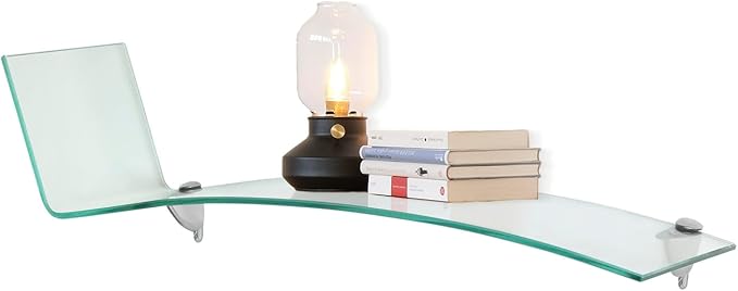 Bent Chase Shelf, 31.5” L x 8” W Inch - 3/8 Inch Thick Clear Tempered Glass Shelve with Flat Polished Edge-Comes with 2 Free Chrome Brackets and Screws for Living Room, Bedroom and Wall Decoration