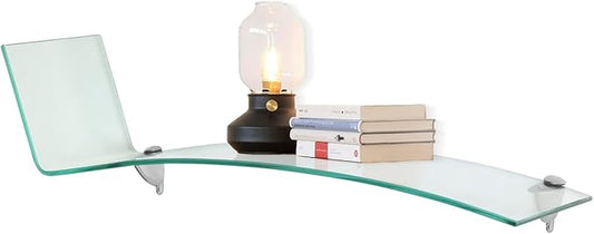 Bent Chase Shelf, 31.5” L x 8” W Inch - 3/8 Inch Thick Clear Tempered Glass Shelve with Flat Polished Edge-Comes with 2 Free Chrome Brackets and Screws for Living Room, Bedroom and Wall Decoration