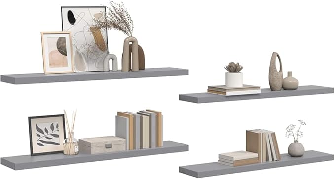 Floating Wall Shelves Set of 4, Modern Gray Wooden Display Shelves 47.2 Inch for Living Room Bedroom, Invisible Mounting, Heavy Duty MDF Board for Books Decor Plants Photos Awards